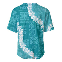 Hawaii Aloha Baseball Jersey Teal Quilt Patch Work Mix Plumeria Lei LT7 - Polynesian Pride
