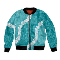 Hawaii Aloha Bomber Jacket Teal Quilt Patch Work Mix Plumeria Lei LT7 Unisex Teal - Polynesian Pride