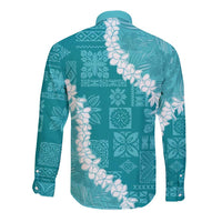 Hawaii Aloha Long Sleeve Button Shirt Teal Quilt Patch Work Mix Plumeria Lei LT7 - Polynesian Pride