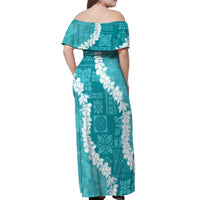 Hawaii Aloha Off Shoulder Maxi Dress Teal Quilt Patch Work Mix Plumeria Lei