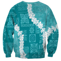 Hawaii Aloha Sweatshirt Teal Quilt Patch Work Mix Plumeria Lei LT7 - Polynesian Pride