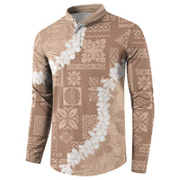 Hawaii Aloha Button Sweatshirt Beige Quilt Patch Work Mix Plumeria Lei