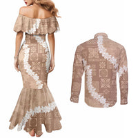 Hawaii Aloha Couples Matching Mermaid Dress and Long Sleeve Button Shirt Beige Quilt Patch Work Mix Plumeria Lei