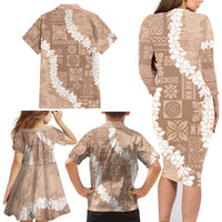 Hawaii Aloha Family Matching Long Sleeve Bodycon Dress and Hawaiian Shirt Beige Quilt Patch Work Mix Plumeria Lei