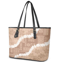 Hawaii Aloha Leather Tote Bag Beige Quilt Patch Work Mix Plumeria Lei