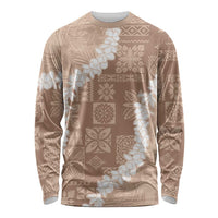 Hawaii Aloha Long Sleeve Shirt Beige Quilt Patch Work Mix Plumeria Lei