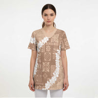 Hawaii Aloha Scrub Top Beige Quilt Patch Work Mix Plumeria Lei - Polynesian Pride