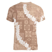 Hawaii Aloha Women V-Neck T-Shirt Beige Quilt Patch Work Mix Plumeria Lei LT7 - Polynesian Pride
