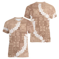 Hawaii Aloha Women V-Neck T-Shirt Beige Quilt Patch Work Mix Plumeria Lei LT7 - Polynesian Pride