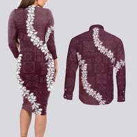 Hawaii Aloha Couples Matching Long Sleeve Bodycon Dress and Long Sleeve Button Shirt Champange Quilt Patch Work Mix Plumeria Lei