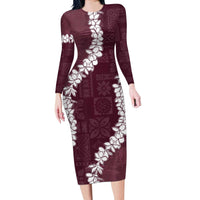 Hawaii Aloha Long Sleeve Bodycon Dress Champange Quilt Patch Work Mix Plumeria Lei LT7 Long Dress Champange - Polynesian Pride