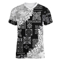 Hawaii Aloha Women V-Neck T-Shirt White Quilt Patch Work Mix Plumeria Lei LT7 Female White - Polynesian Pride