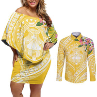 Aloha Hawaii Oahu Couples Matching Off Shoulder Short Dress and Long Sleeve Button Shirt Wahine with Ilima Lei LT7 Yellow - Polynesian Pride