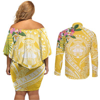 Aloha Hawaii Oahu Couples Matching Off Shoulder Short Dress and Long Sleeve Button Shirt Wahine with Ilima Lei LT7 - Polynesian Pride