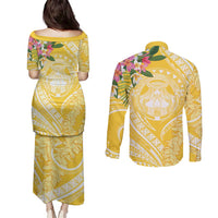 Aloha Hawaii Oahu Couples Matching Puletasi and Long Sleeve Button Shirt Wahine with Ilima Lei LT7 - Polynesian Pride