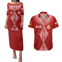 Personalised Kolisi Tonga Atele Couples Matching Puletasi Dress and Hawaiian Shirt Tongan Kupesi - Special LT7 Red - Polynesian Pride