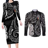 Kia Hara Te reo Maori Couples Matching Long Sleeve Bodycon Dress and Long Sleeve Button Shirt Manaia Moko Pattern