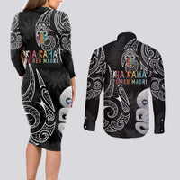 Kia Hara Te reo Maori Couples Matching Long Sleeve Bodycon Dress and Long Sleeve Button Shirt Manaia Moko Pattern