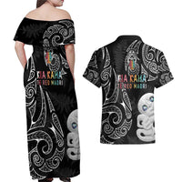 Kia Hara Te reo Maori Couples Matching Off Shoulder Maxi Dress and Hawaiian Shirt Manaia Moko Pattern LT7 - Polynesian Pride
