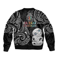 Kia Hara Te reo Maori Sleeve Zip Bomber Jacket Manaia Moko Pattern
