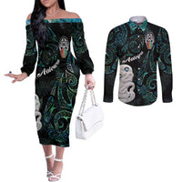 Kia Hara Te reo Maori Couples Matching Off The Shoulder Long Sleeve Dress and Long Sleeve Button Shirt Manaia Moko Mix Paua Shell