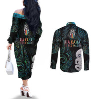 Kia Hara Te reo Maori Couples Matching Off The Shoulder Long Sleeve Dress and Long Sleeve Button Shirt Manaia Moko Mix Paua Shell