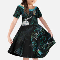 Kia Hara Te reo Maori Family Matching Off The Shoulder Long Sleeve Dress and Hawaiian Shirt Manaia Moko Mix Paua Shell LT7 Daughter's Dress Green - Polynesian Pride