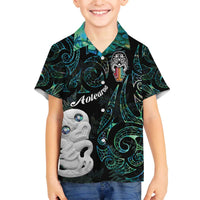 Kia Hara Te reo Maori Family Matching Off The Shoulder Long Sleeve Dress and Hawaiian Shirt Manaia Moko Mix Paua Shell LT7 Son's Shirt Green - Polynesian Pride
