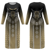 Aotearoa Maori Iwi Heritage Couples Matching Long Sleeve Bodycon Dress and Hawaiian Shirt Waikato Tainui Parauri