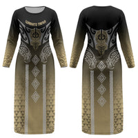 Aotearoa Maori Iwi Heritage Couples Matching Long Sleeve Bodycon Dress and Long Sleeve Button Shirt Waikato Tainui Parauri