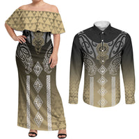 Aotearoa Maori Iwi Heritage Couples Matching Off Shoulder Maxi Dress and Long Sleeve Button Shirt Waikato Tainui Parauri