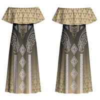 Aotearoa Maori Iwi Heritage Couples Matching Off Shoulder Maxi Dress and Long Sleeve Button Shirt Waikato Tainui Parauri