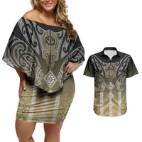 Aotearoa Maori Iwi Heritage Couples Matching Off Shoulder Short Dress and Hawaiian Shirt Waikato Tainui Parauri