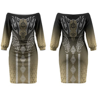 Aotearoa Maori Iwi Heritage Couples Matching Off The Shoulder Long Sleeve Dress and Hawaiian Shirt Waikato Tainui Parauri