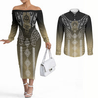 Aotearoa Maori Iwi Heritage Couples Matching Off The Shoulder Long Sleeve Dress and Long Sleeve Button Shirt Waikato Tainui Parauri