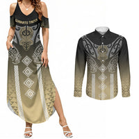 Aotearoa Maori Iwi Heritage Couples Matching Summer Maxi Dress and Long Sleeve Button Shirt Waikato Tainui Parauri