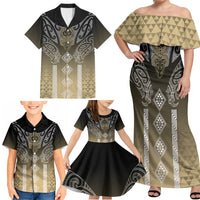 Aotearoa Maori Iwi Heritage Family Matching Off Shoulder Maxi Dress and Hawaiian Shirt Waikato Tainui Parauri