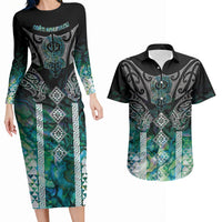 Aotearoa Maori Iwi Heritage Couples Matching Long Sleeve Bodycon Dress and Hawaiian Shirt Ngati Kahungunu Paua Shell Turquoise