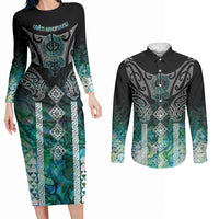 Aotearoa Maori Iwi Heritage Couples Matching Long Sleeve Bodycon Dress and Long Sleeve Button Shirt Ngati Kahungunu Paua Shell Turquoise