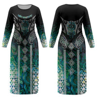 Aotearoa Maori Iwi Heritage Couples Matching Long Sleeve Bodycon Dress and Long Sleeve Button Shirt Ngati Kahungunu Paua Shell Turquoise