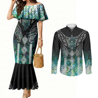Aotearoa Maori Iwi Heritage Couples Matching Mermaid Dress and Long Sleeve Button Shirt Ngati Kahungunu Paua Shell Turquoise