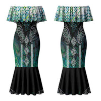 Aotearoa Maori Iwi Heritage Couples Matching Mermaid Dress and Long Sleeve Button Shirt Ngati Kahungunu Paua Shell Turquoise