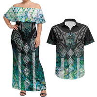 Aotearoa Maori Iwi Heritage Couples Matching Off Shoulder Maxi Dress and Hawaiian Shirt Ngati Kahungunu Paua Shell Turquoise