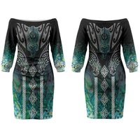 Aotearoa Maori Iwi Heritage Couples Matching Off The Shoulder Long Sleeve Dress and Long Sleeve Button Shirt Ngati Kahungunu Paua Shell Turquoise