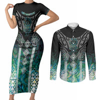 Aotearoa Maori Iwi Heritage Couples Matching Short Sleeve Bodycon Dress and Long Sleeve Button Shirt Ngati Kahungunu Paua Shell Turquoise