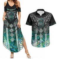 Aotearoa Maori Iwi Heritage Couples Matching Summer Maxi Dress and Hawaiian Shirt Ngati Kahungunu Paua Shell Turquoise