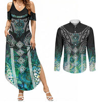 Aotearoa Maori Iwi Heritage Couples Matching Summer Maxi Dress and Long Sleeve Button Shirt Ngati Kahungunu Paua Shell Turquoise