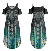 Aotearoa Maori Iwi Heritage Couples Matching Summer Maxi Dress and Long Sleeve Button Shirt Ngati Kahungunu Paua Shell Turquoise
