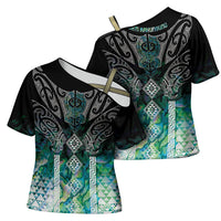 Aotearoa Maori Iwi Heritage Cross Shoulder Shirt Ngati Kahungunu Paua Shell Turquoise