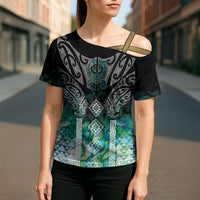 Aotearoa Maori Iwi Heritage Cross Shoulder Shirt Ngati Kahungunu Paua Shell Turquoise